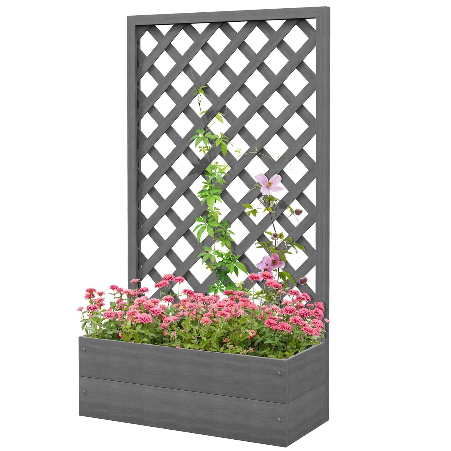 Outdoor Raised Garden Bed Planter Box with Lattice Trellis in Grey Wood Finish showcasing blooming flowers and climbing vines.