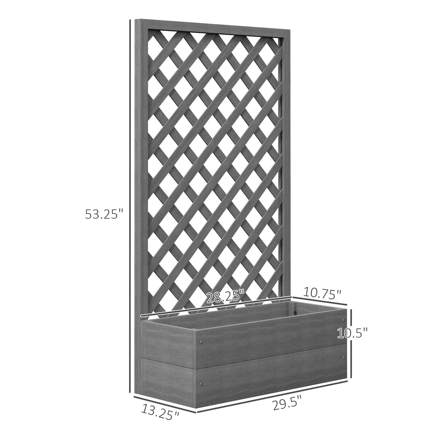 Outdoor Raised Garden Bed Planter Box with Lattice Trellis in Grey Wood Finish showcasing dimensions.