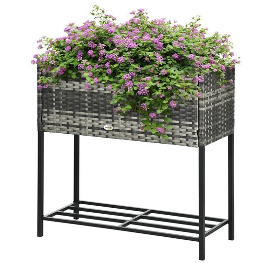Grey Modern PE Rattan Wicker Raised Garden Bed Elevated Planter Box with flowers