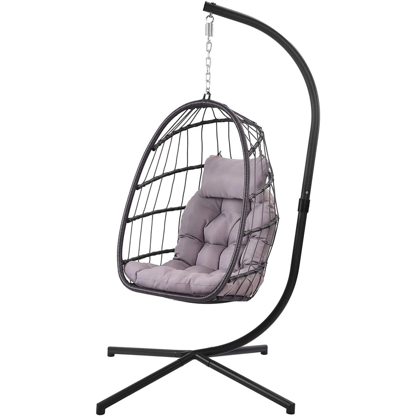 Grey Indoor/Outdoor Wicker Rattan Aluminum Frame Swing Egg Chair Hammock with cushion and stand for home and garden relaxation.