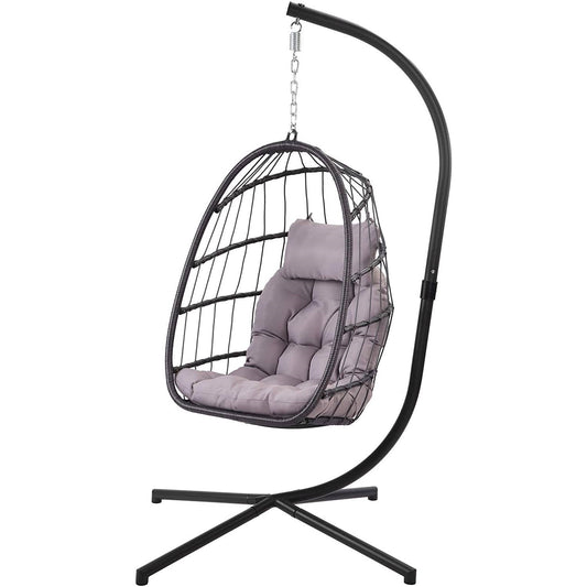 Grey Indoor/Outdoor Wicker Rattan Aluminum Frame Swing Egg Chair Hammock with cushion and stand for home and garden relaxation.