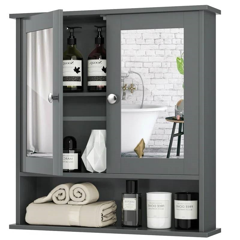Grey Wood Bathroom Wall / Medicine Cabinet with Mirrored Doors and Shelf for organized storage