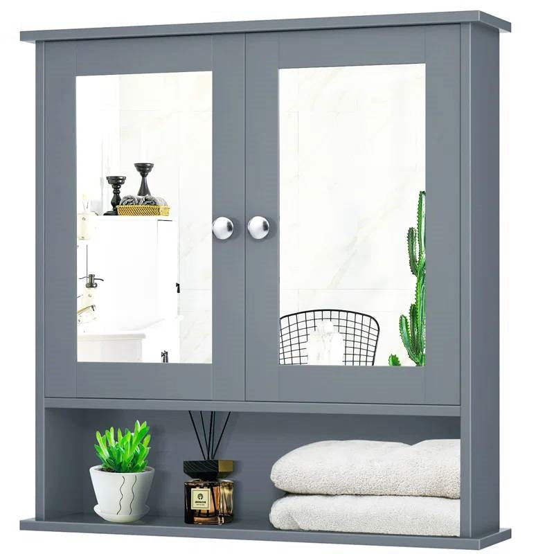 Grey Wood Bathroom Wall / Medicine Cabinet with Mirrored Doors and Shelf for space-saving storage