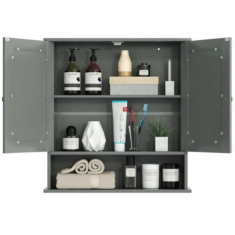 Grey Wood Bathroom Wall / Medicine Cabinet with Mirrored Doors and Shelf showcasing storage space with doors open.