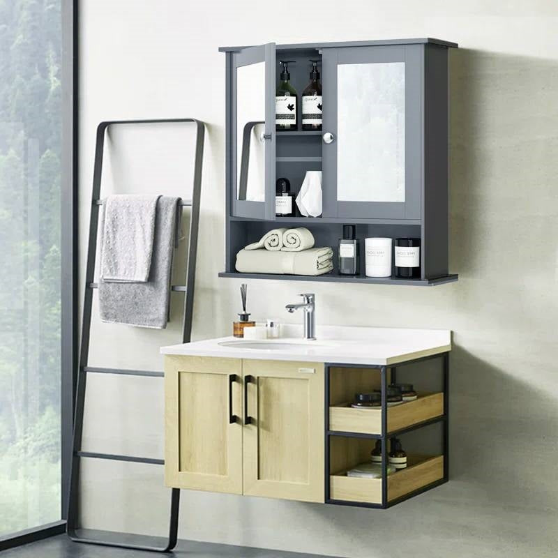 Grey Wood Bathroom Wall / Medicine Cabinet with Mirrored Doors and Shelf in modern bathroom setting, showcasing storage solutions.