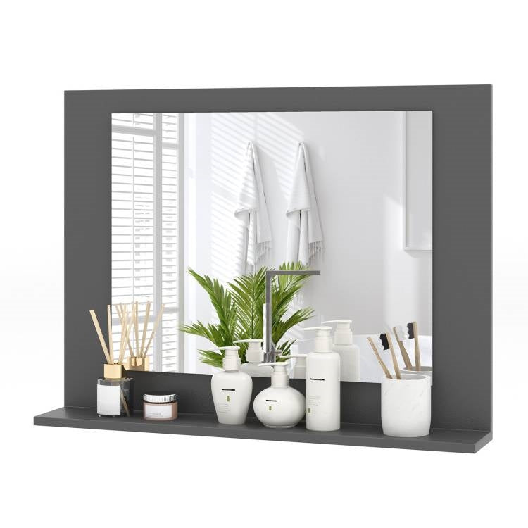 Rectangular 23 x 17 inch Bathroom Mirror with Storage Shelf in Grey Wood Finish featuring open shelf and HD reflection