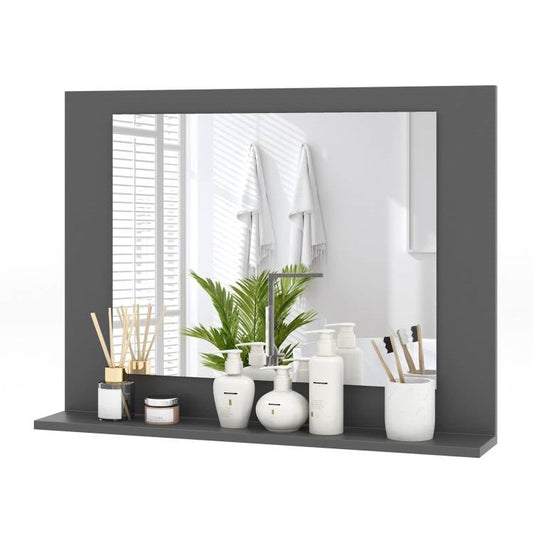 Rectangular 23 x 17 inch Bathroom Mirror with Storage Shelf in Grey Wood Finish featuring open shelf and HD reflection