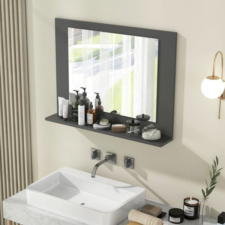 Rectangular 23 x 17 inch Bathroom Mirror with Storage Shelf in Grey Wood Finish above bathroom sink.