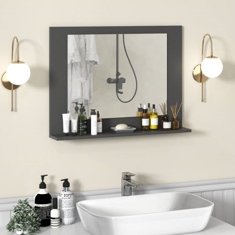Rectangular 23 x 17 inch Bathroom Mirror with Storage Shelf in Grey Wood Finish for convenient storage and stylish decoration.