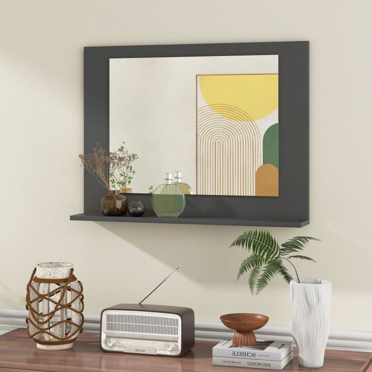 Rectangular 23 x 17 inch Bathroom Mirror with Storage Shelf in Grey Wood Finish, featuring an open shelf with decor and a modern design.