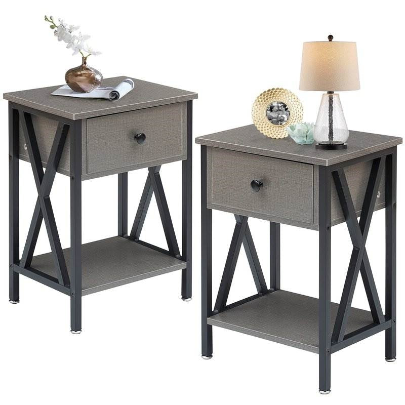 Set of 2 - 1 Drawer Nightstand in Grey and Black Wood Finish with X-shaped accents and open shelf, showcasing a rustic look.
