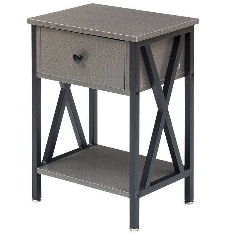 Set of 2 - 1 Drawer Nightstand in Grey and Black Wood Finish with X-shaped accents and open shelf