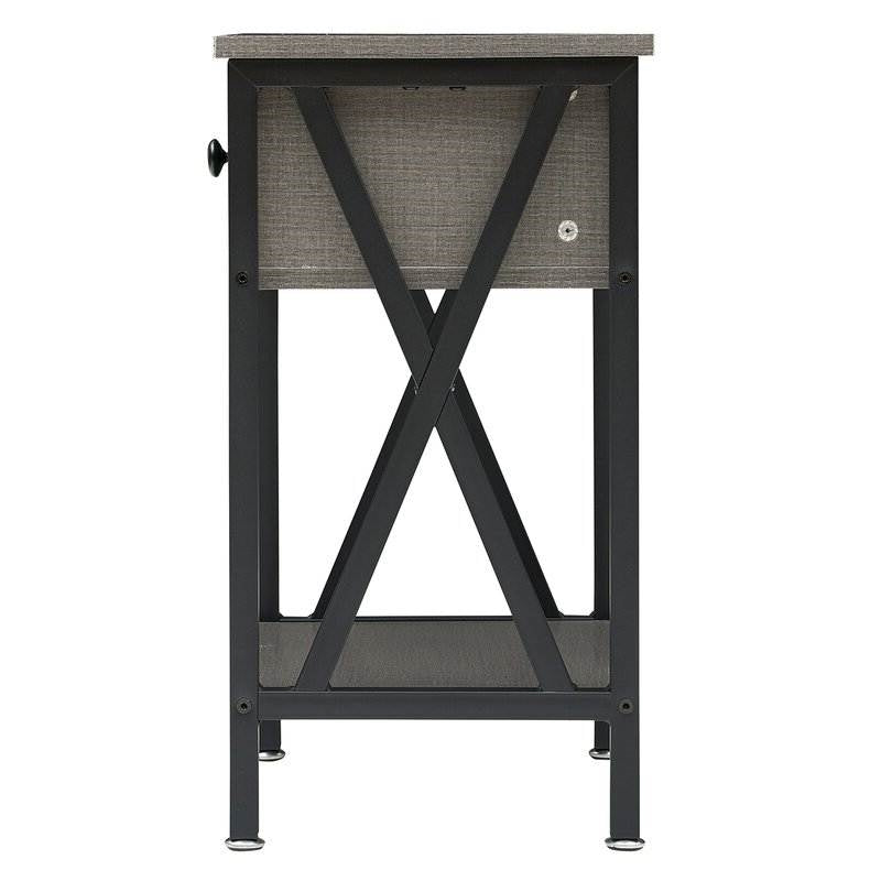 Side view of Set of 2 - 1 Drawer Nightstand in Grey and Black Wood Finish with X-shaped accents