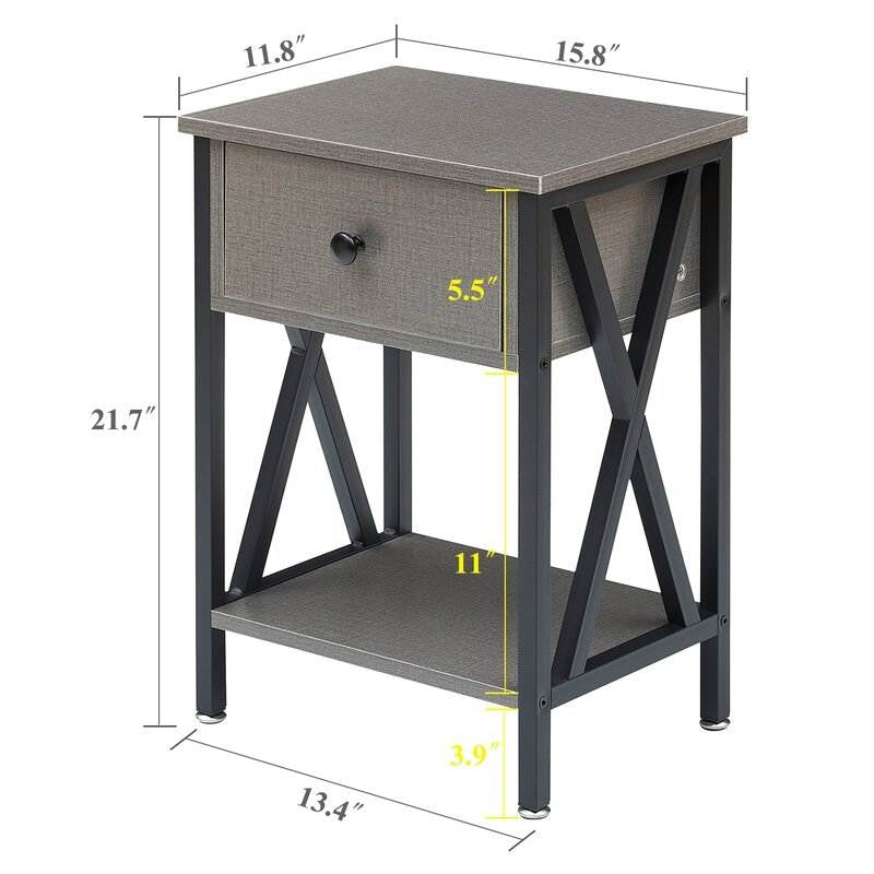 Set of 2 - 1 Drawer Nightstand in Grey and Black Wood Finish with dimensions and X-shaped accents.