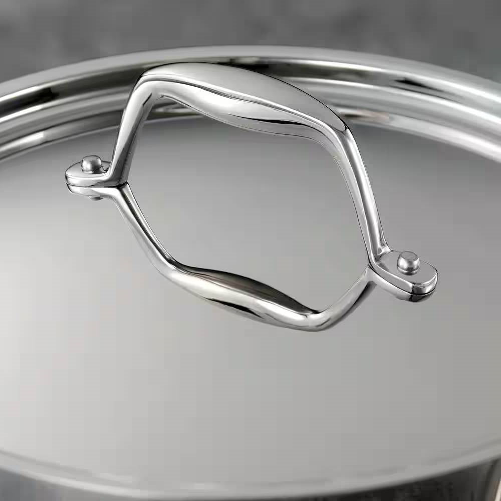 Close-up of Stainless Steel Tri-Ply Clad 5-Quart Dutch Oven with Lid showcasing handle design.