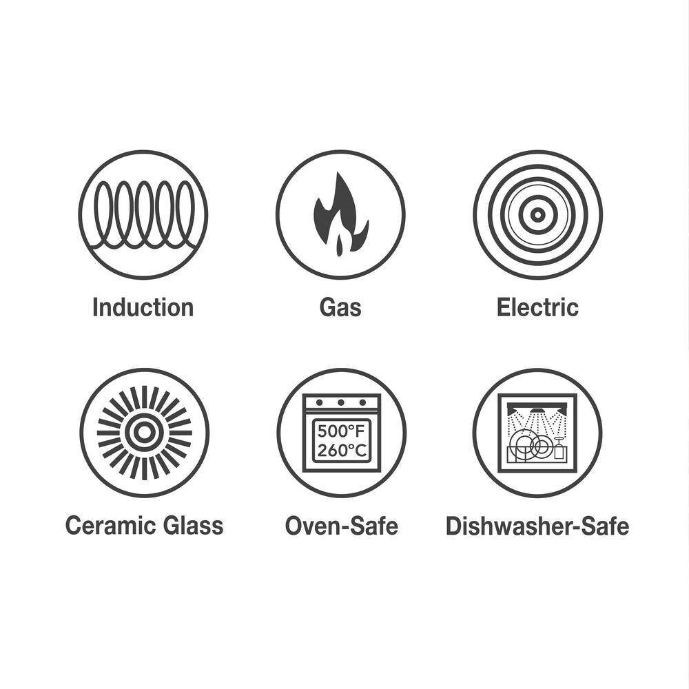 Cooking surface compatibility icons: induction, gas, electric, ceramic glass, oven-safe 500°F 260°C, dishwasher-safe.