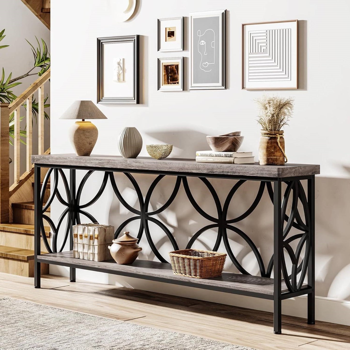 Modern 70-inch Long Narrow Foyer Entryway Table with Grey Wood Top and Shelf in a home setting with black metal accents.