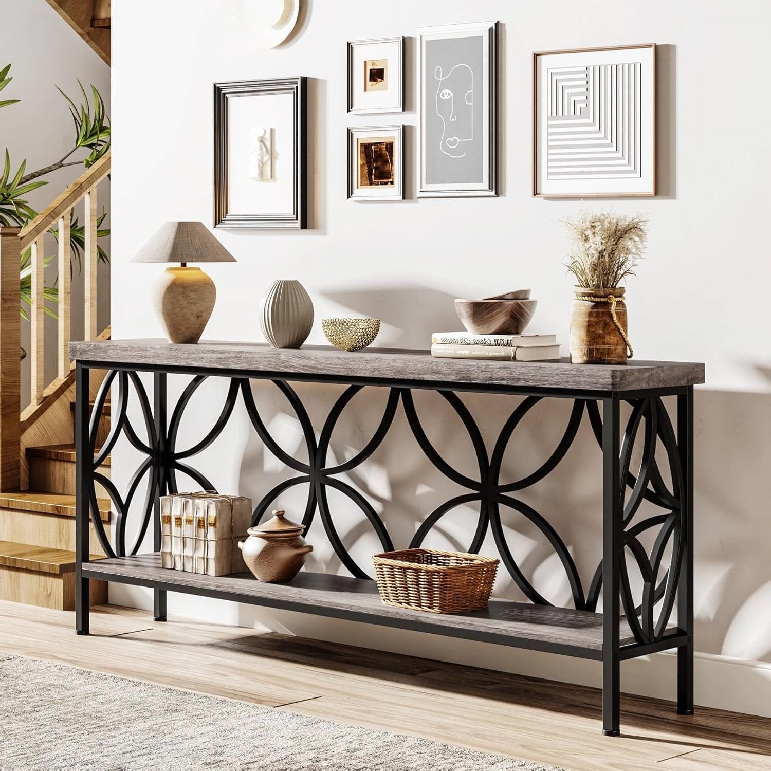 Modern 70-inch Long Narrow Foyer Entryway Table with Grey Wood Top and Shelf in a home setting with black metal accents.