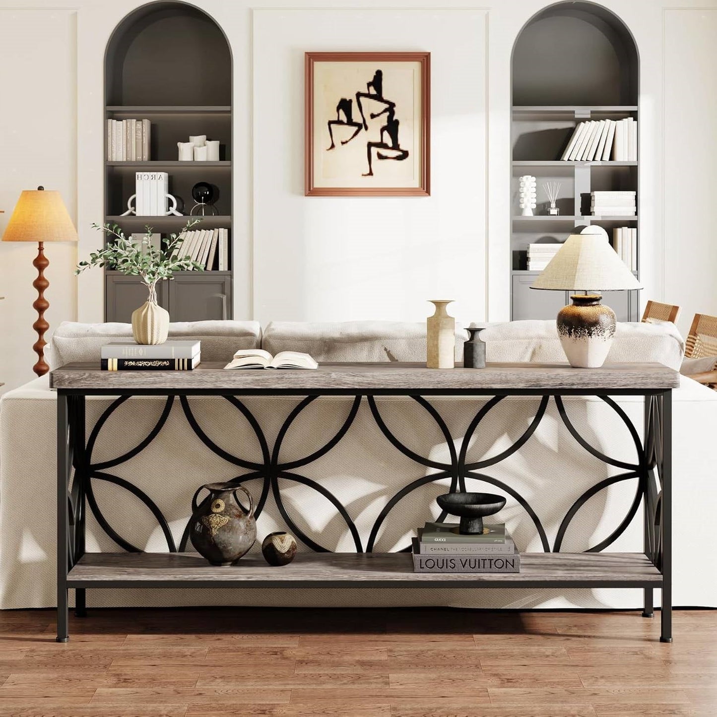 Modern 70-inch Long Narrow Foyer Entryway Table with Grey Wood Top and Shelf, featuring artistic metal frame and vintage wood grain surface