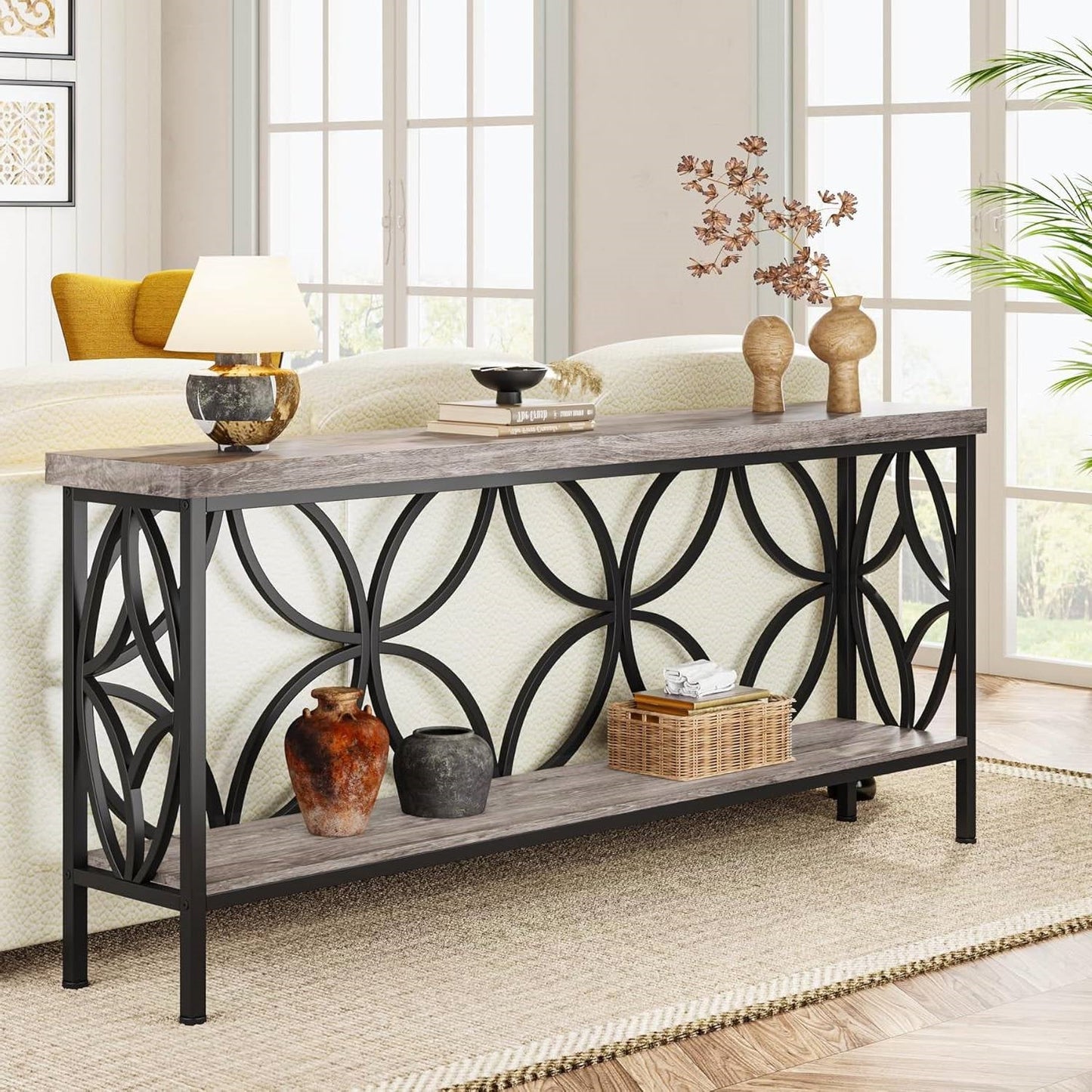 Modern 70-inch Long Narrow Foyer Entryway Table with Grey Wood Top and Shelf featuring vintage wood grain and black metal design.
