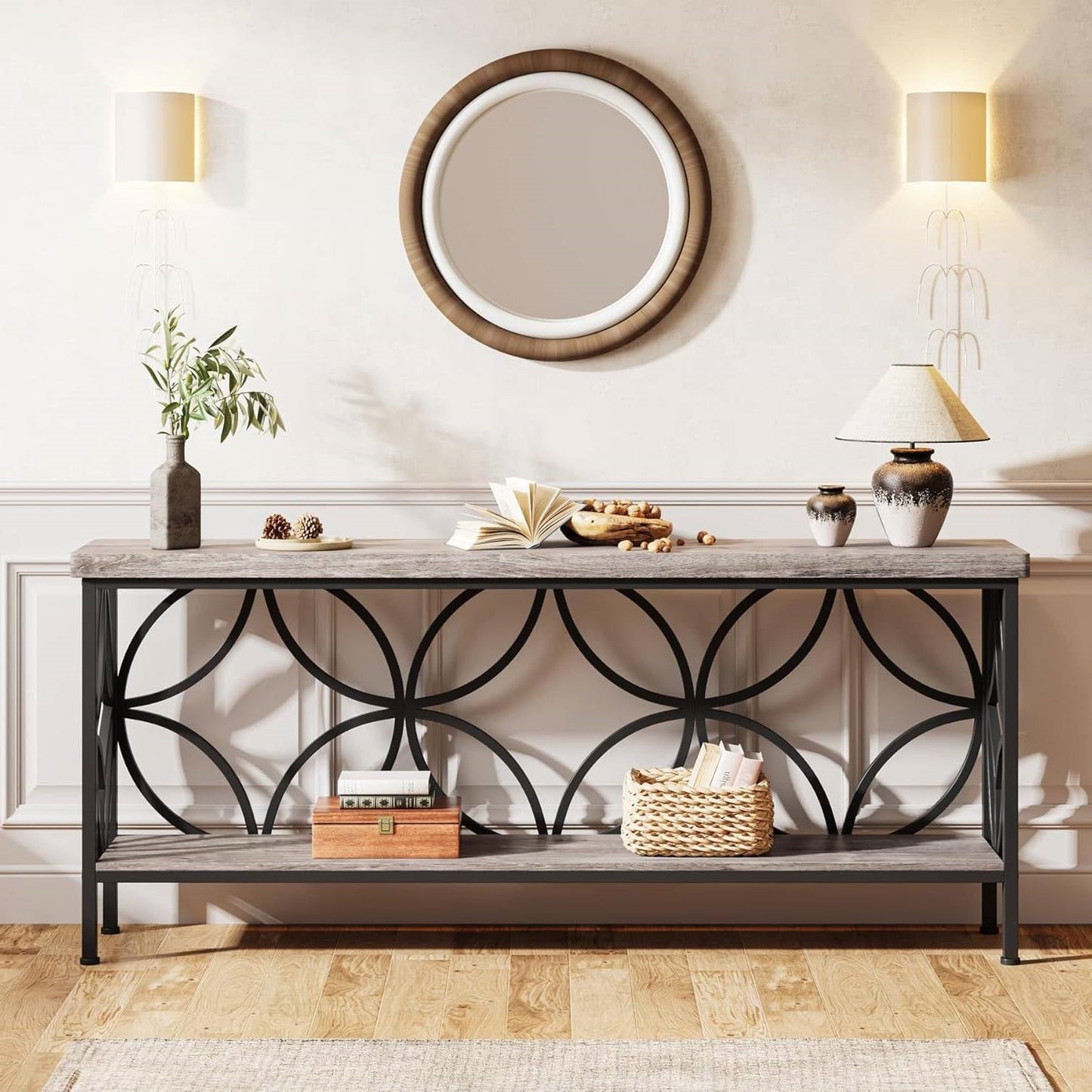 Modern 70-inch Long Narrow Foyer Entryway Table with Grey Wood Top and Shelf in a stylish home setting.