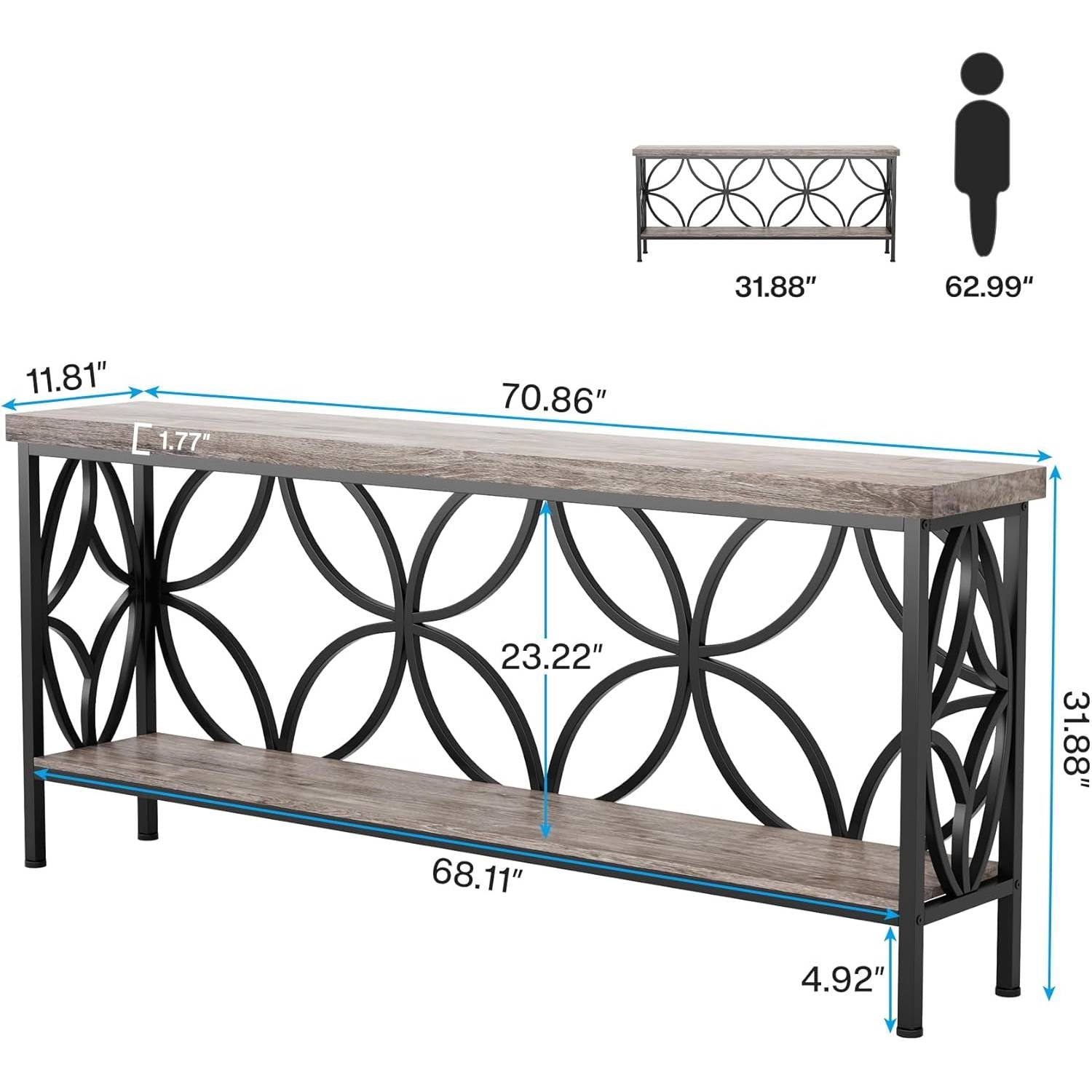 Modern 70-inch Long Narrow Foyer Entryway Table with Grey Wood Top and Shelf, featuring metal frame and dimensions shown.