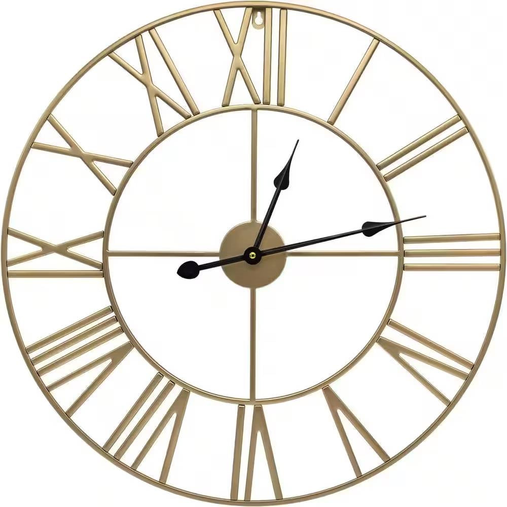 Round 24-inch Decorative Gold Metal Wall Clock Roman Numerals and Black Hands with brushed finish