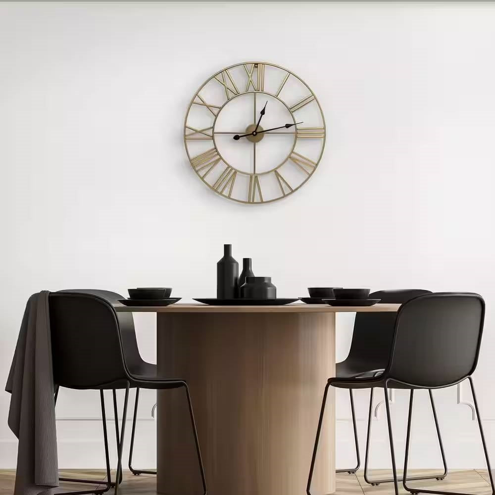 Round 24-inch Decorative Gold Metal Wall Clock Roman Numerals and Black Hands displayed in dining room setting