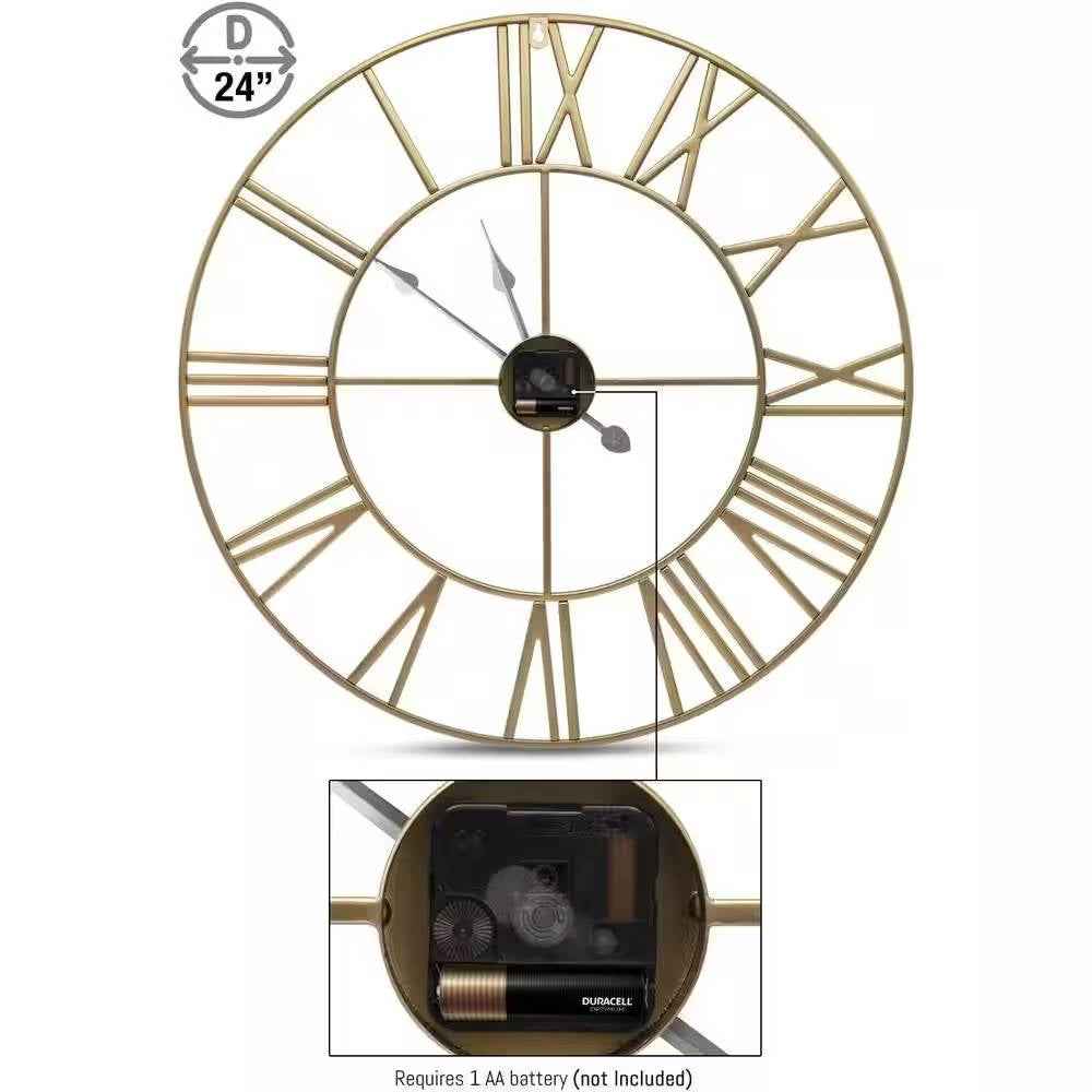 Round 24-inch Decorative Gold Metal Wall Clock Roman Numerals and Black Hands with intricate design and battery compartment detail.