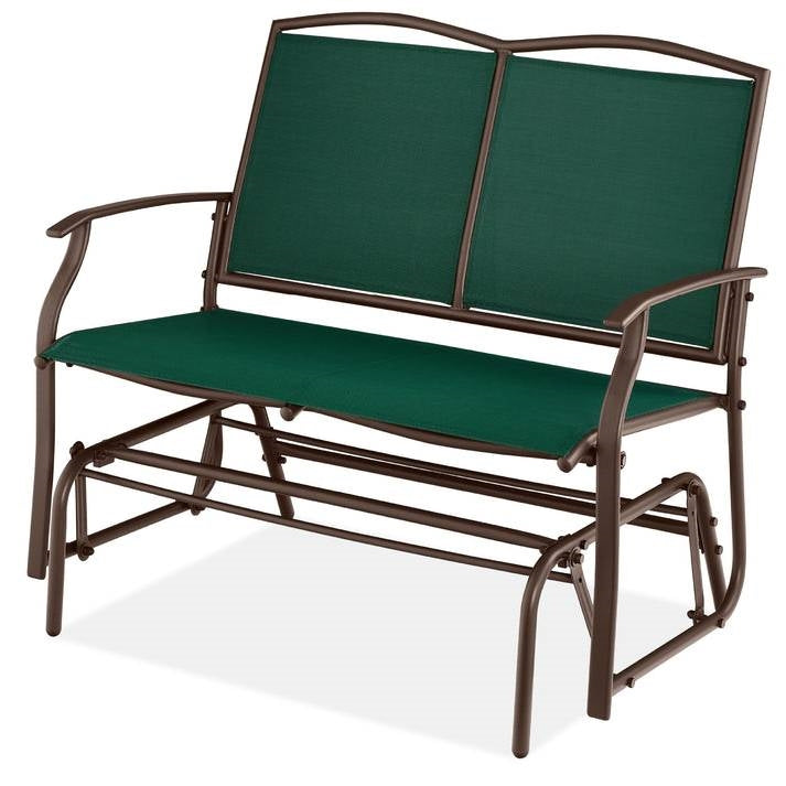 2 Seat Mesh Patio Loveseat Swing Glider Rocker with Armrests in Hunter Green on white background