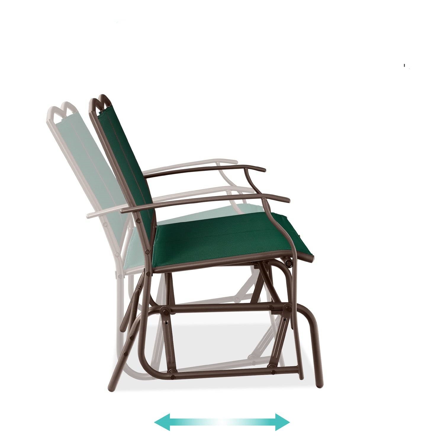 2 Seat Mesh Patio Loveseat Swing Glider Rocker with Armrests in Hunter Green, side view showing rocking motion.
