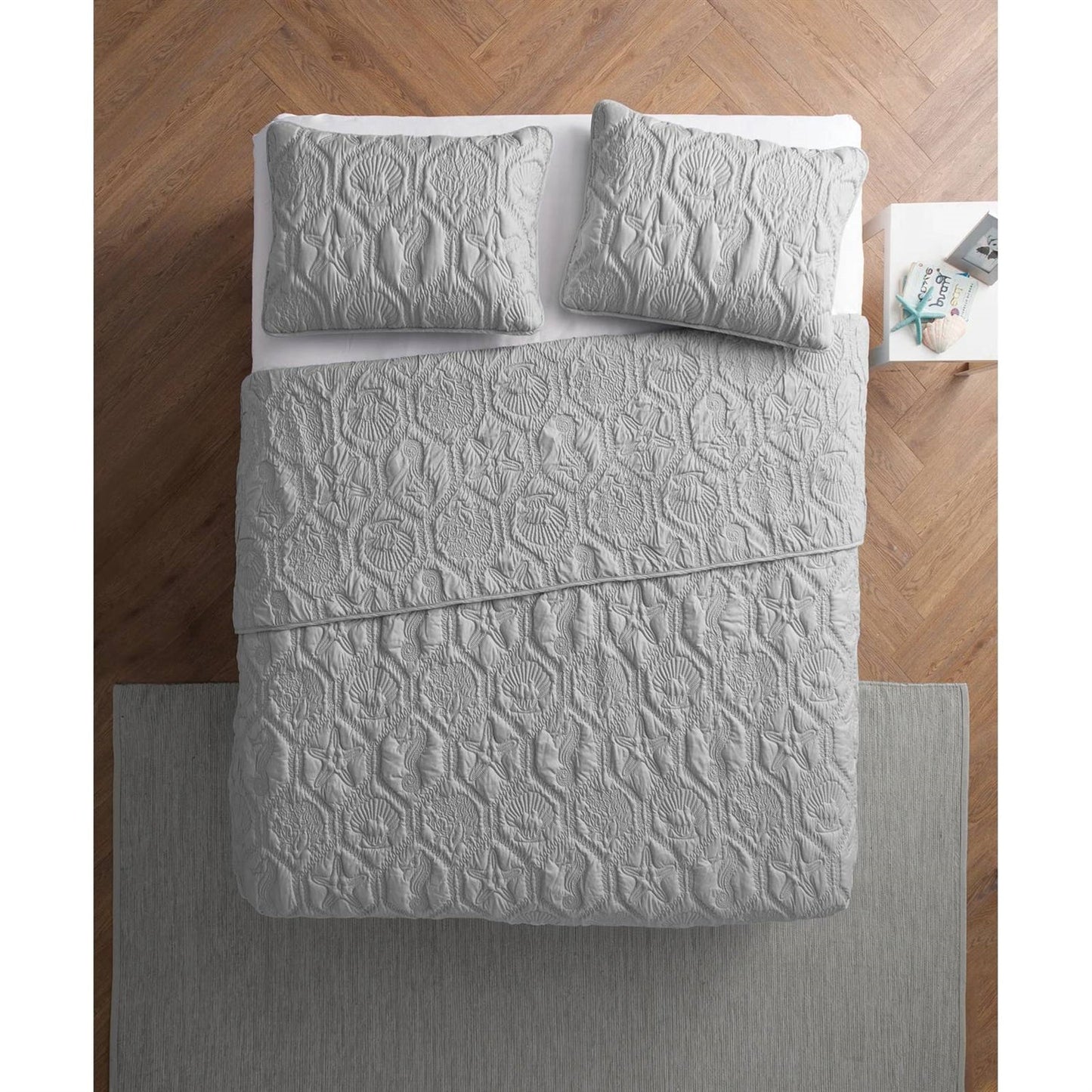 King Coastal Beach Embossed Starfish Seashell Seahorse Grey 3-Piece Quilt Set with embossed sea life design displayed on a bed.