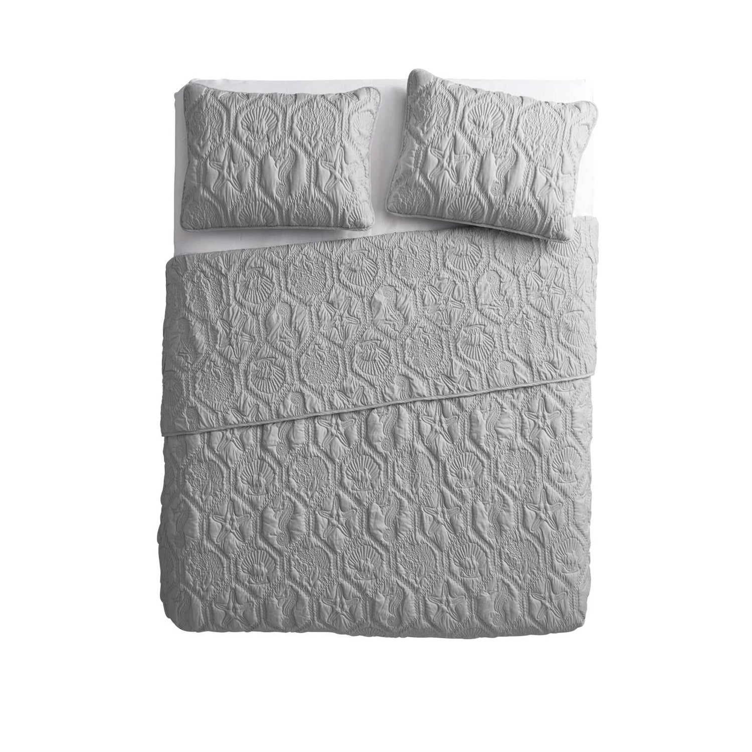 King Coastal Beach Embossed Starfish Seashell Seahorse Grey 3-Piece Quilt Set with shams.