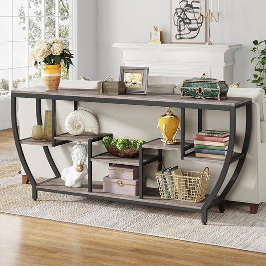 Industrial Chic 70-inch Long Narrow Console Sofa Table with Gray Wood Shelves, black metal frame, and rustic wood shelves in living room