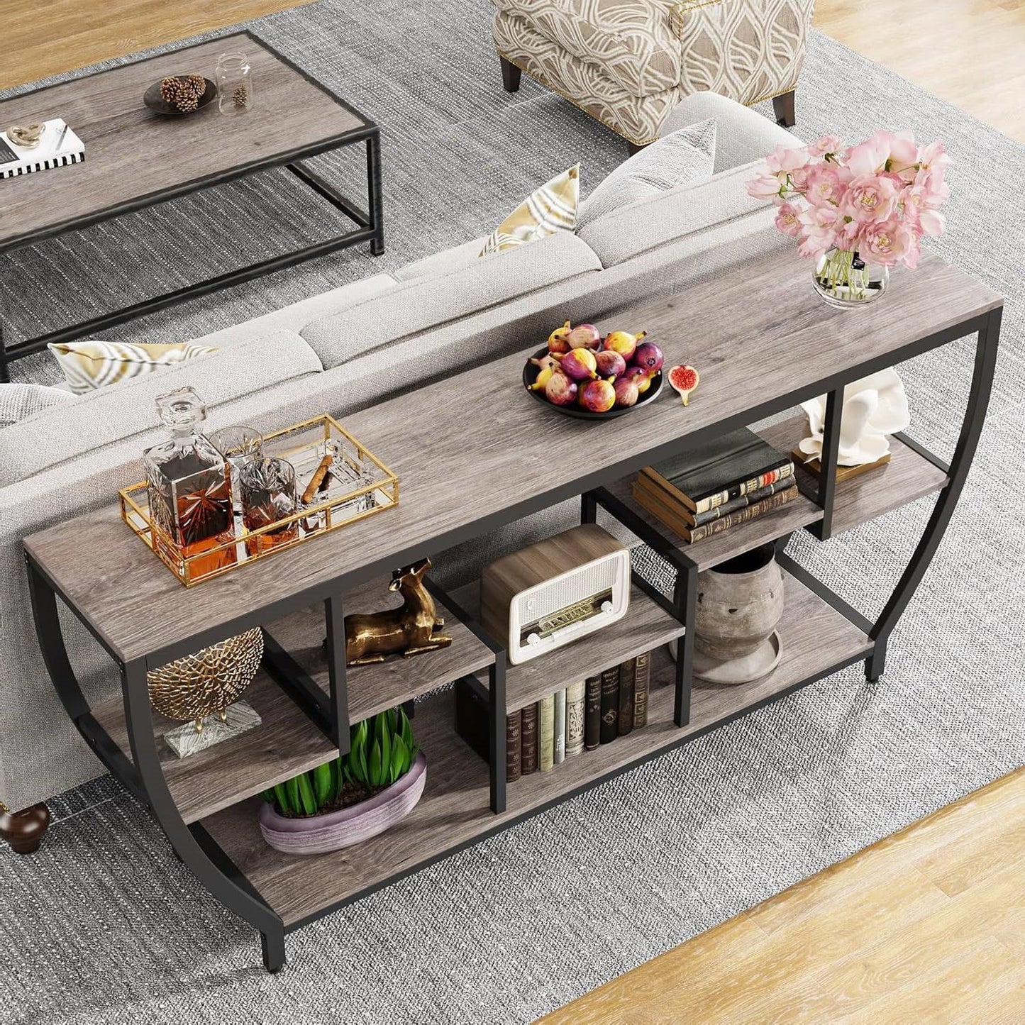 Industrial Chic 70-inch Long Narrow Console Sofa Table with Gray Wood Shelves featuring rustic design and black metal frame