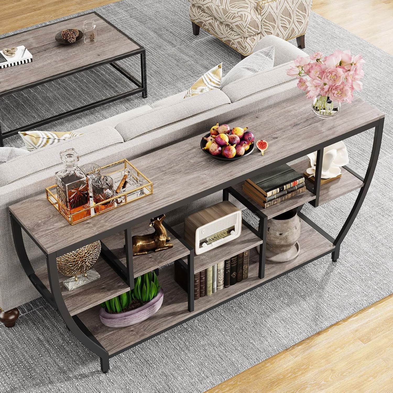 Industrial Chic 70-inch Long Narrow Console Sofa Table with Gray Wood Shelves featuring rustic design and black metal frame