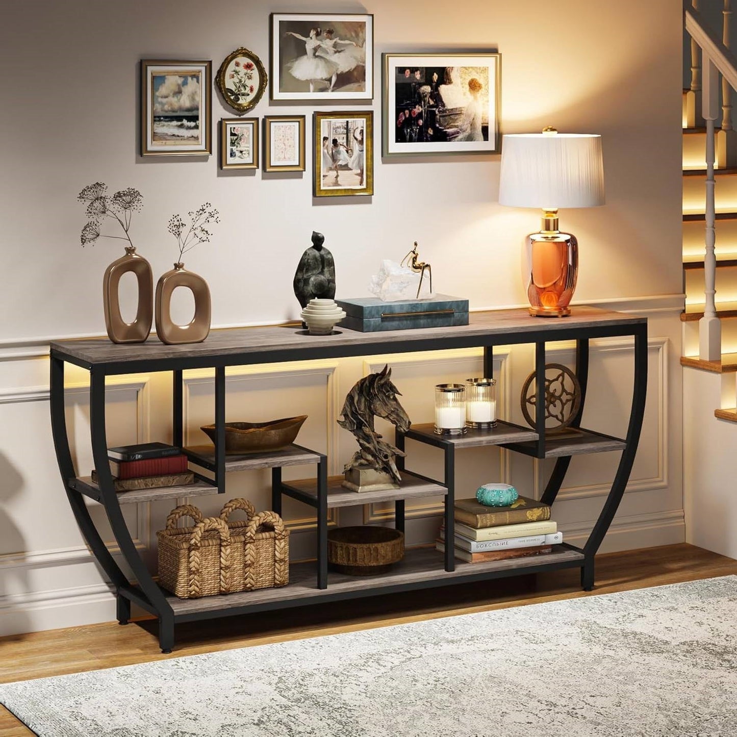 Industrial Chic 70-inch Long Narrow Console Sofa Table with Gray Wood Shelves in living room, decor and lighting showcased.