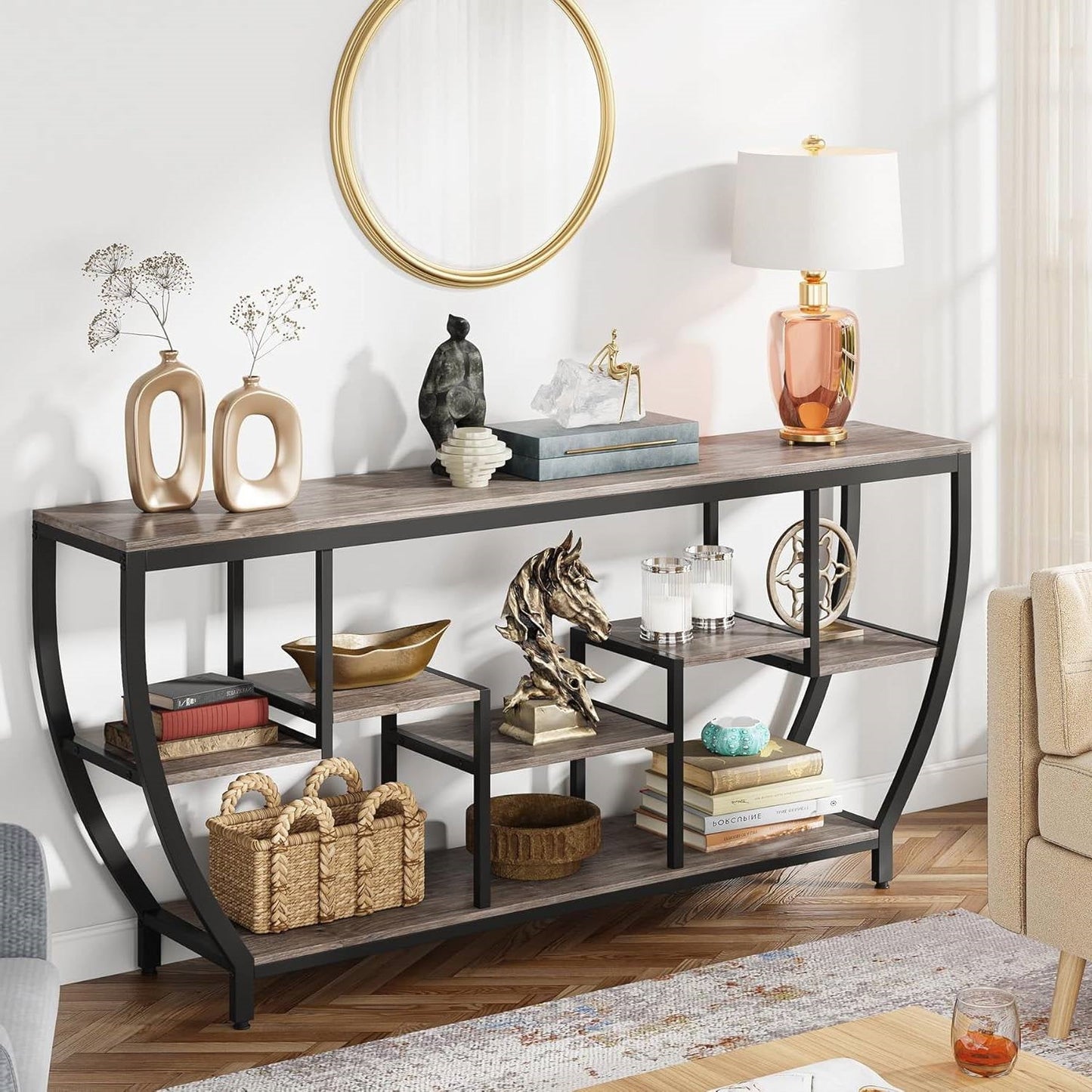 Industrial Chic 70-inch Long Narrow Console Sofa Table with Gray Wood Shelves styled with elegant decor items in a modern living room