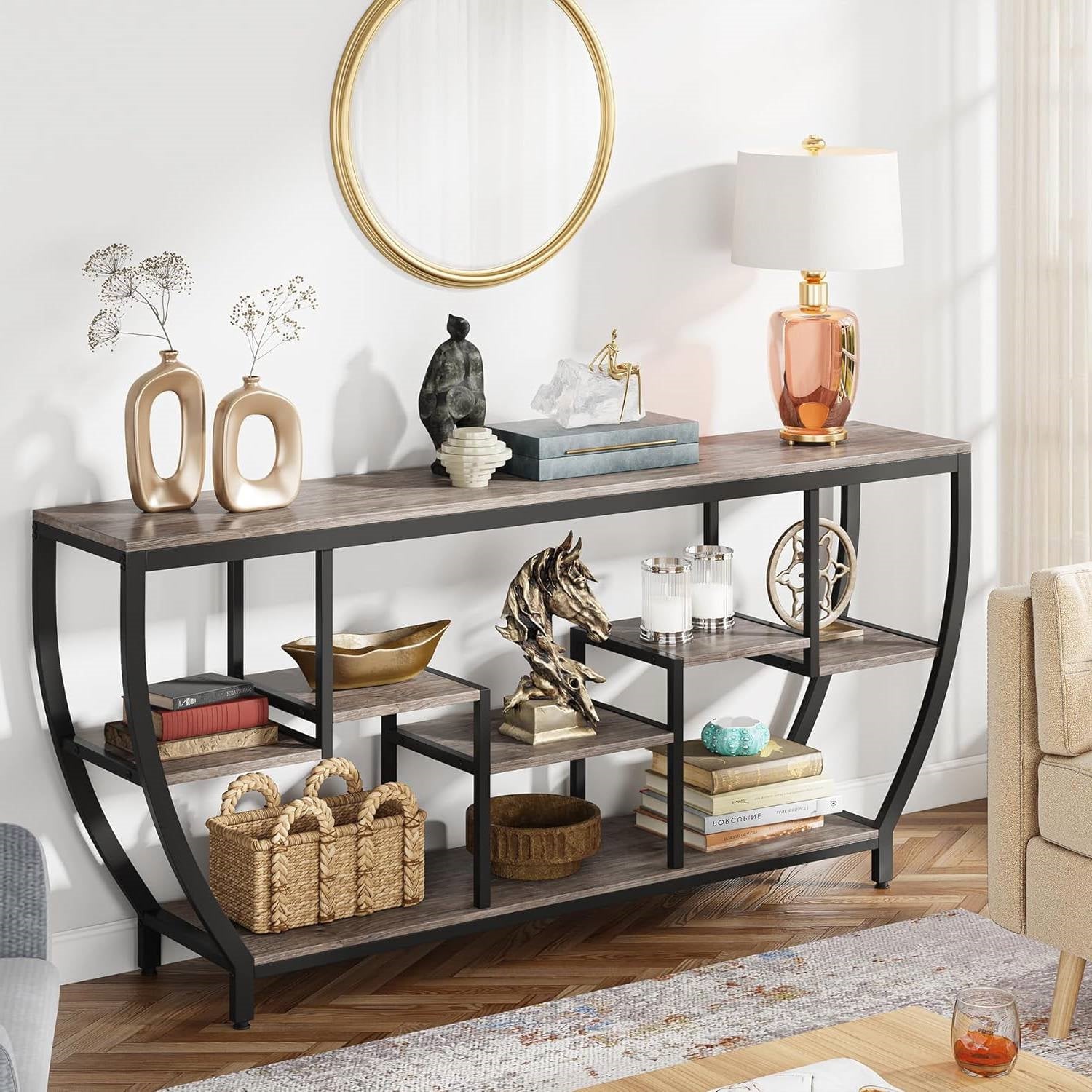 Industrial Chic 70-inch Long Narrow Console Sofa Table with Gray Wood Shelves styled with elegant decor items in a modern living room