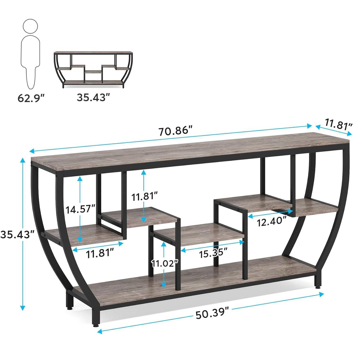 Industrial Chic 70-inch Long Narrow Console Sofa Table with Gray Wood Shelves, featuring a black metal frame and rustic wood design.