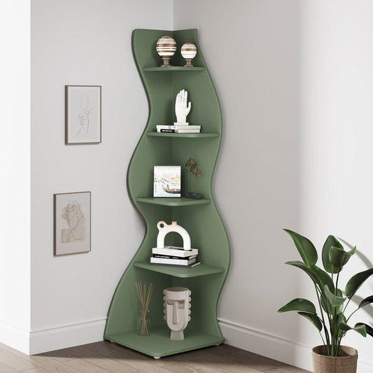 Modern Whimsical 5 Shelf Corner Bookcase in Green Wood Finish with decor items in a stylish corner setup.