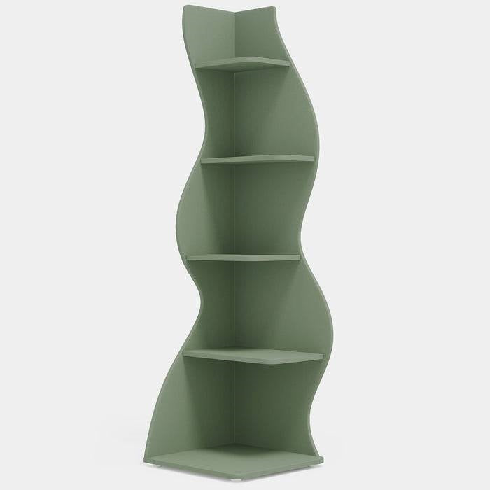 Modern Whimsical 5 Shelf Corner Bookcase in Green Wood Finish with sea grass-inspired design and ample storage.