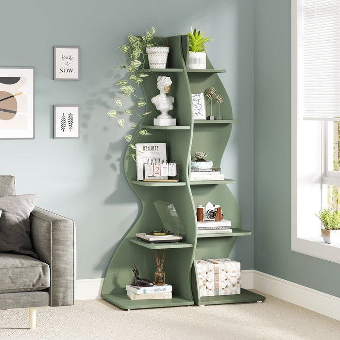 Modern Whimsical 5 Shelf Corner Bookcase in Green Wood Finish with decorative items and plants in stylish living room corner