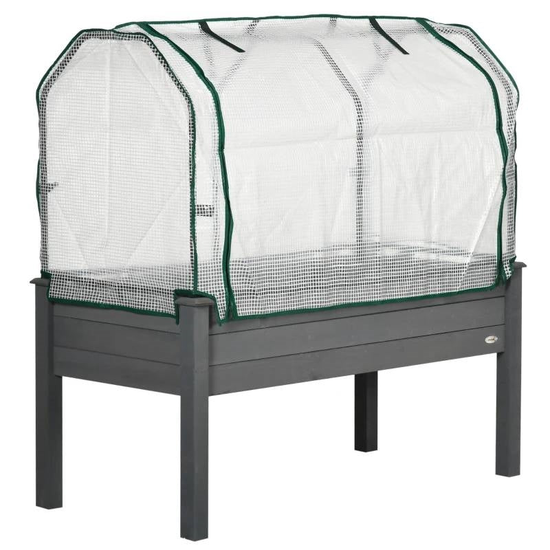 Grey Wood Elevated Raised Garden Bed Planter with Greenhouse Cover for plant protection and growth.