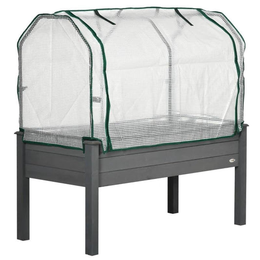 Grey Wood Elevated Raised Garden Bed Planter with Greenhouse Cover for plant protection and growth.