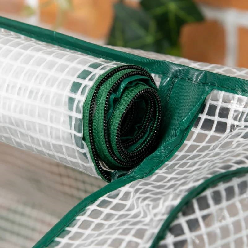 Close-up of Grey Wood Elevated Raised Garden Bed Planter with Greenhouse Cover zipper and mesh design