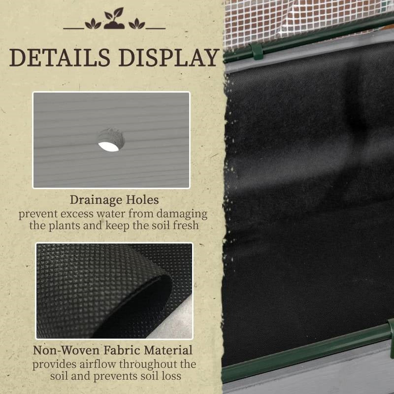Details of the Grey Wood Elevated Raised Garden Bed Planter with Greenhouse Cover including drainage holes and non-woven fabric material.
