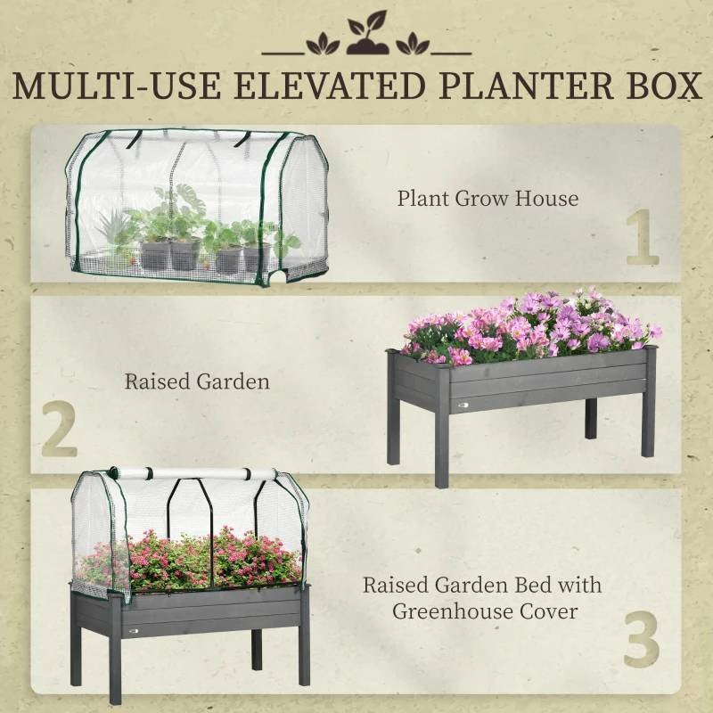 Grey Wood Elevated Raised Garden Bed Planter with Greenhouse Cover showcasing multi-use elevated planter box stages.