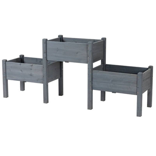 3 Grey Wood Elevated Planter Set Vegetable Herb Flowers Raised Garden Beds with water-draining holes for healthy plants.