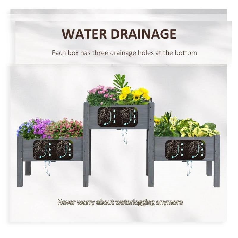 3 Grey Wood Elevated Planter Set Vegetable Herb Flowers Raised Garden Beds with drainage holes for optimal water management